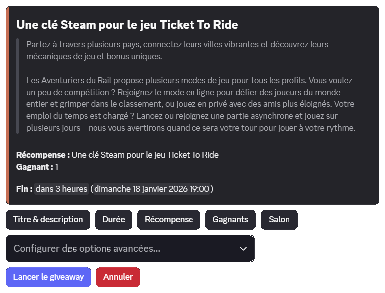 Preview and configuration interface of a giveaway