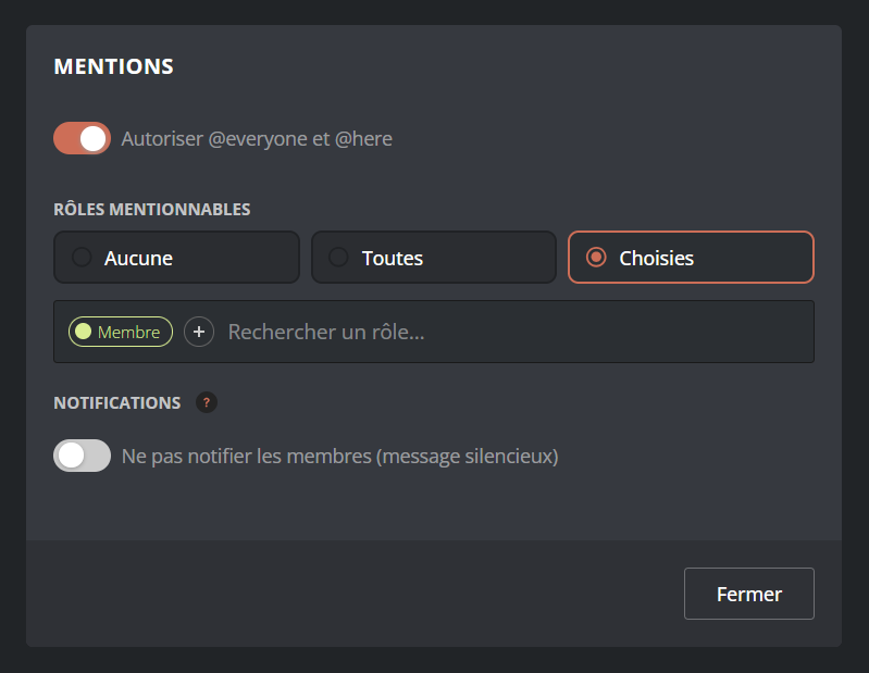 Configuration menu for the message's mentions