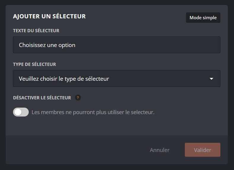 Menu for configuring a selector