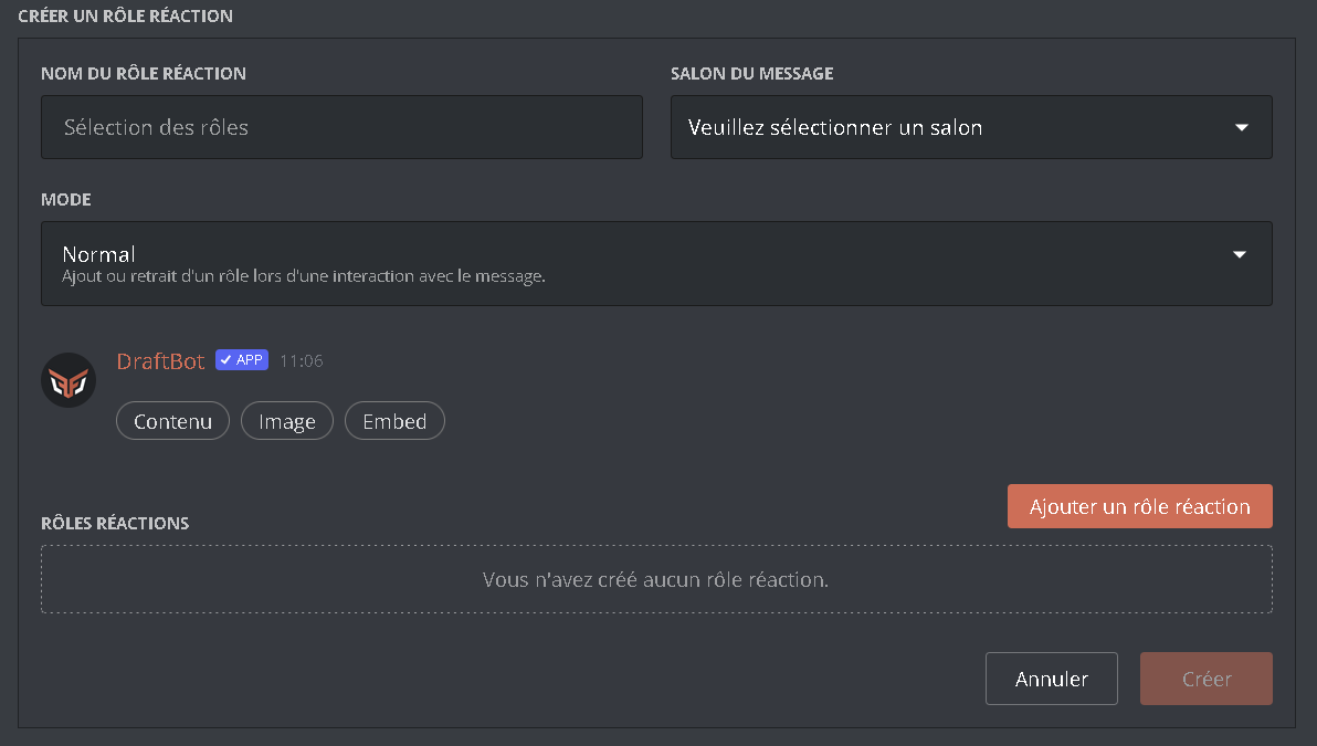 Panel for creating a new reaction-role