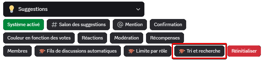 "Sorting and search" button, through the /config command