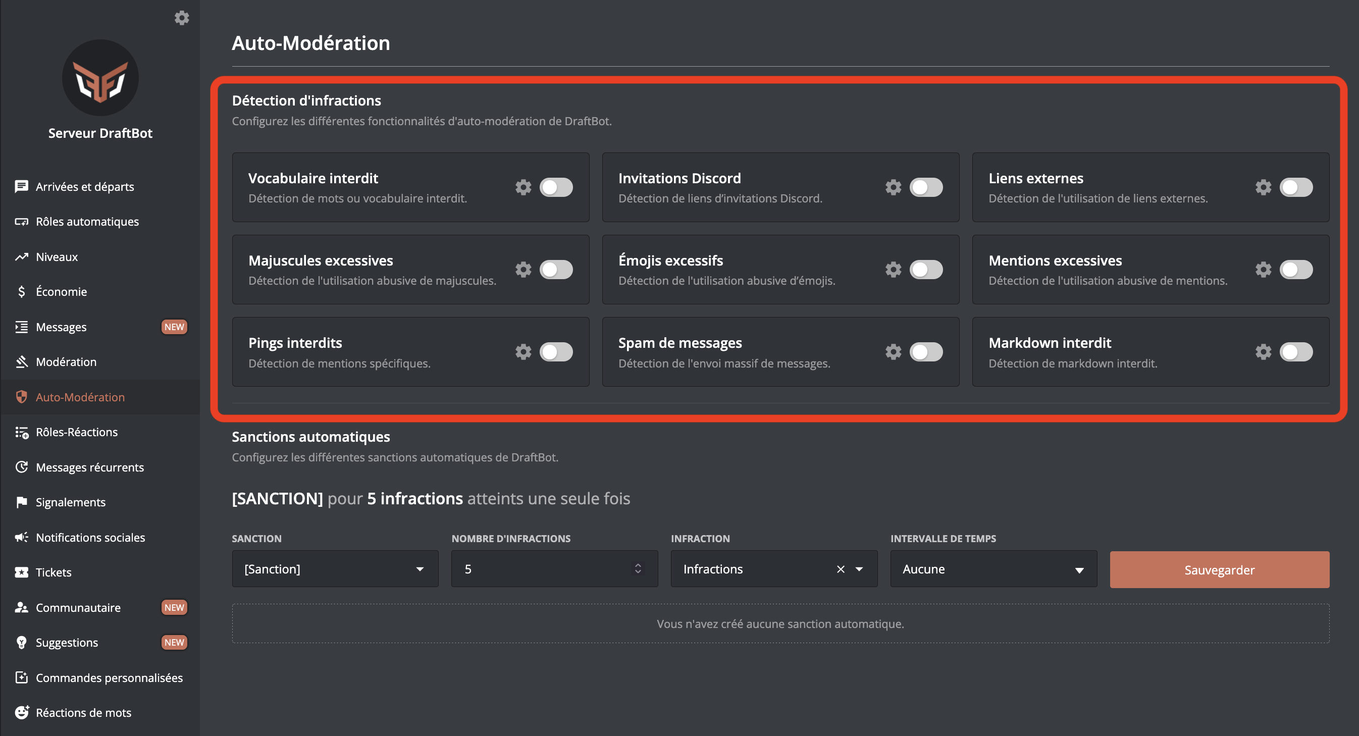 Infractions detection through the web panel