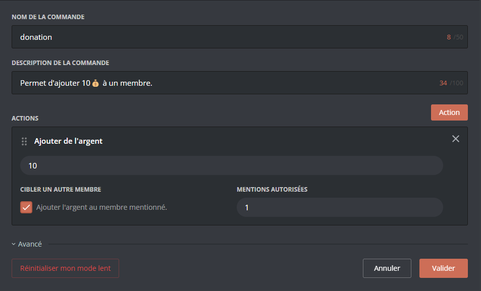 Example of an Add money action