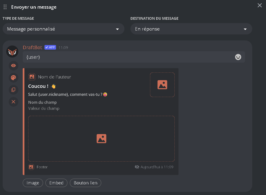 Example of a Send a message action, with an embed and variables