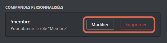 Buttons for editing or deleting a custom command